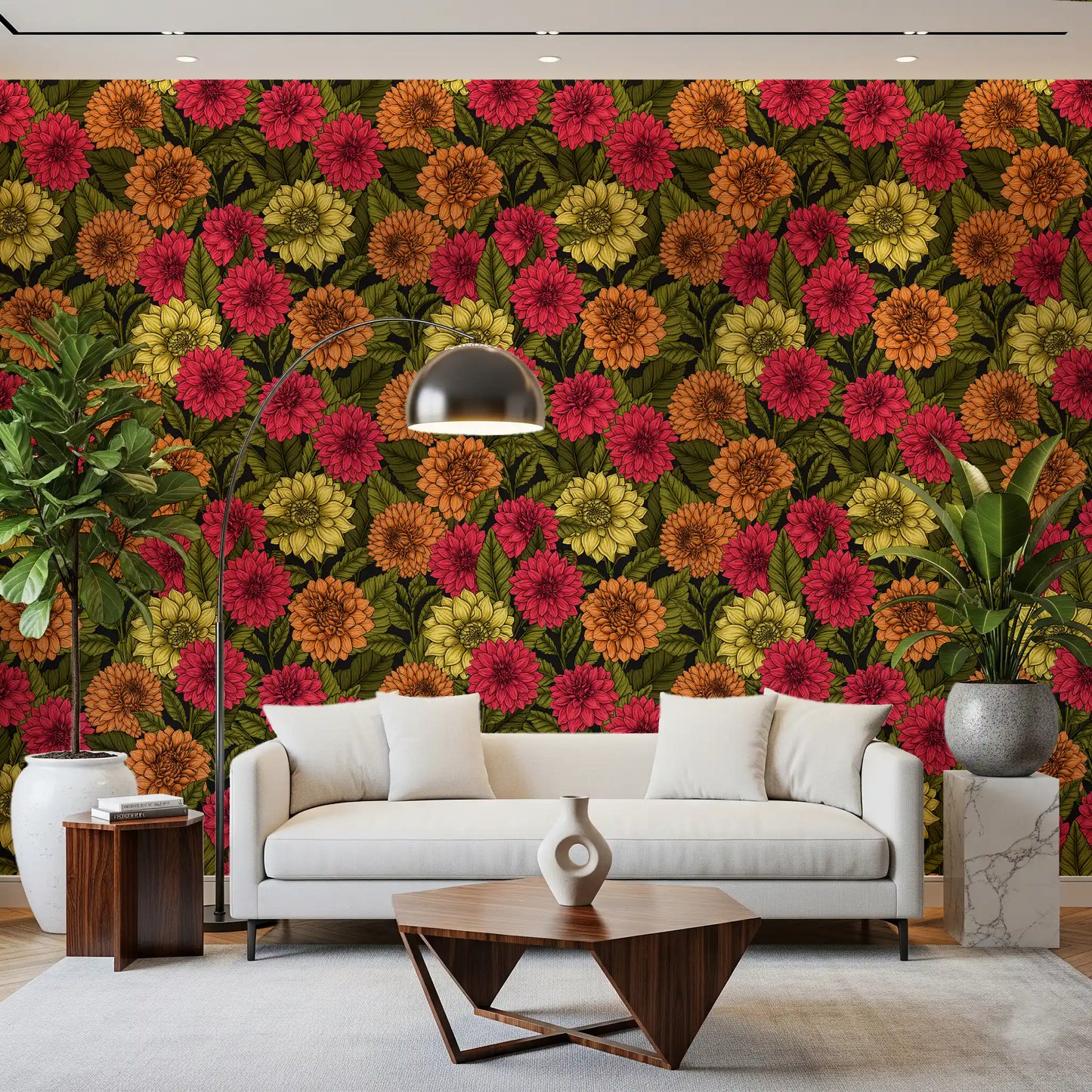 Hand-drawn yellow flower wallpaper for a home living area feature wall., GD9814