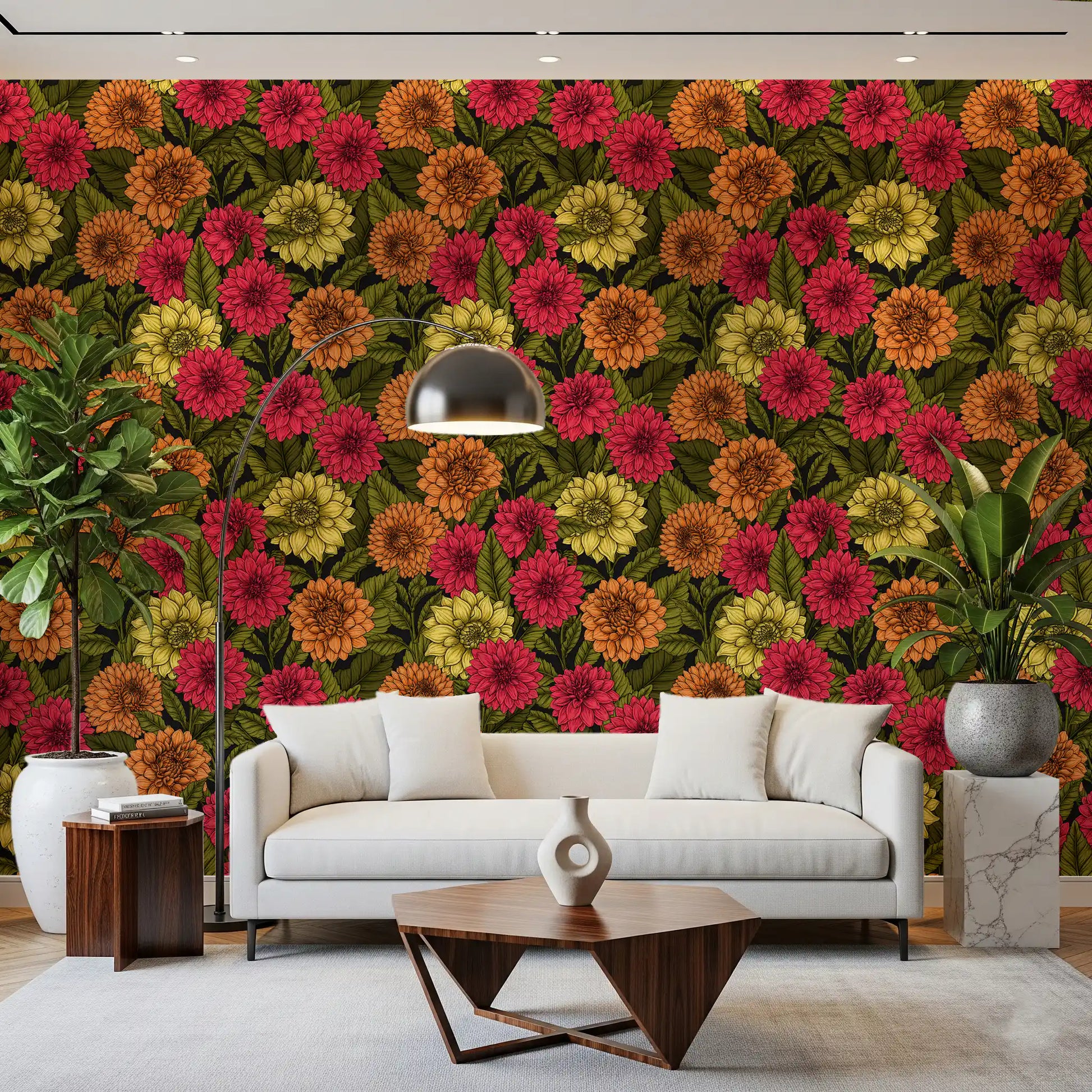 Hand-drawn yellow flower wallpaper for a home living area feature wall., GD9814