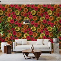 Hand-drawn yellow flower wallpaper for a home living area feature wall., GD9814