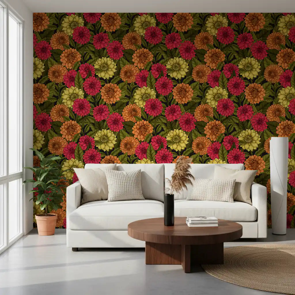 Colorful floral garden wallpaper with orange and yellow engraved dahlia heads., GD9814