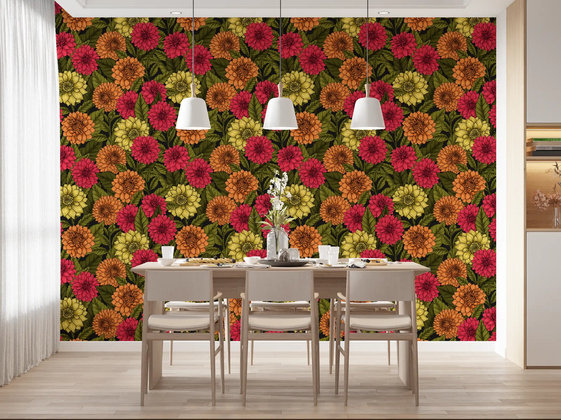 Dahlia garden wallpaper featuring hand-drawn orange and pink floral patterns., GD9814