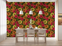 Dahlia garden wallpaper featuring hand-drawn orange and pink floral patterns., GD9814