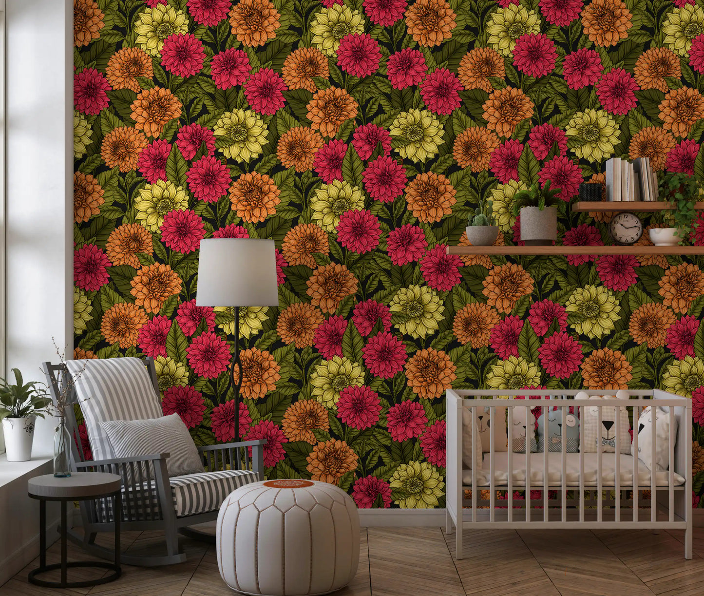 Vintage style dahlia garden wallpaper with yellow flowers and green leaves., GD9814