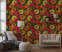 Vintage style dahlia garden wallpaper with yellow flowers and green leaves., GD9814
