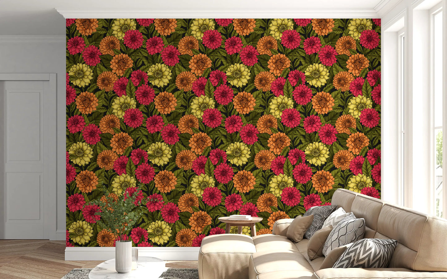 Deep pink dahlia wallpaper with botanical leaves for a living room background., GD9814
