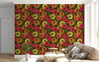 Deep pink dahlia wallpaper with botanical leaves for a living room background., GD9814