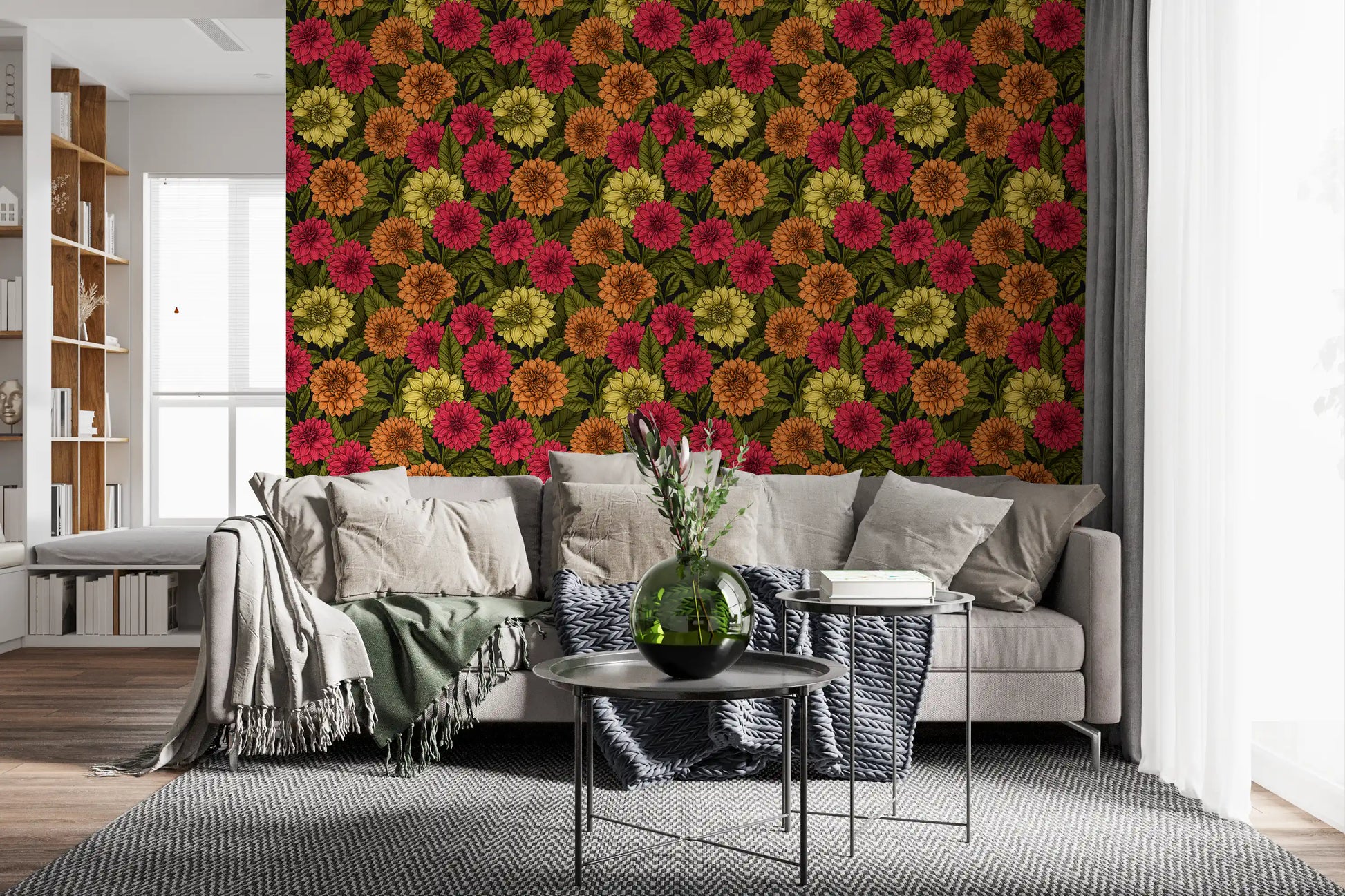 Pink and yellow dahlia garden wallpaper for a large living room accent wall., GD9814