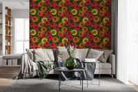 Pink and yellow dahlia garden wallpaper for a large living room accent wall., GD9814
