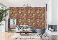 Orange dahlia wallpaper in an engraved style with dark green foliage patterns., GD9814