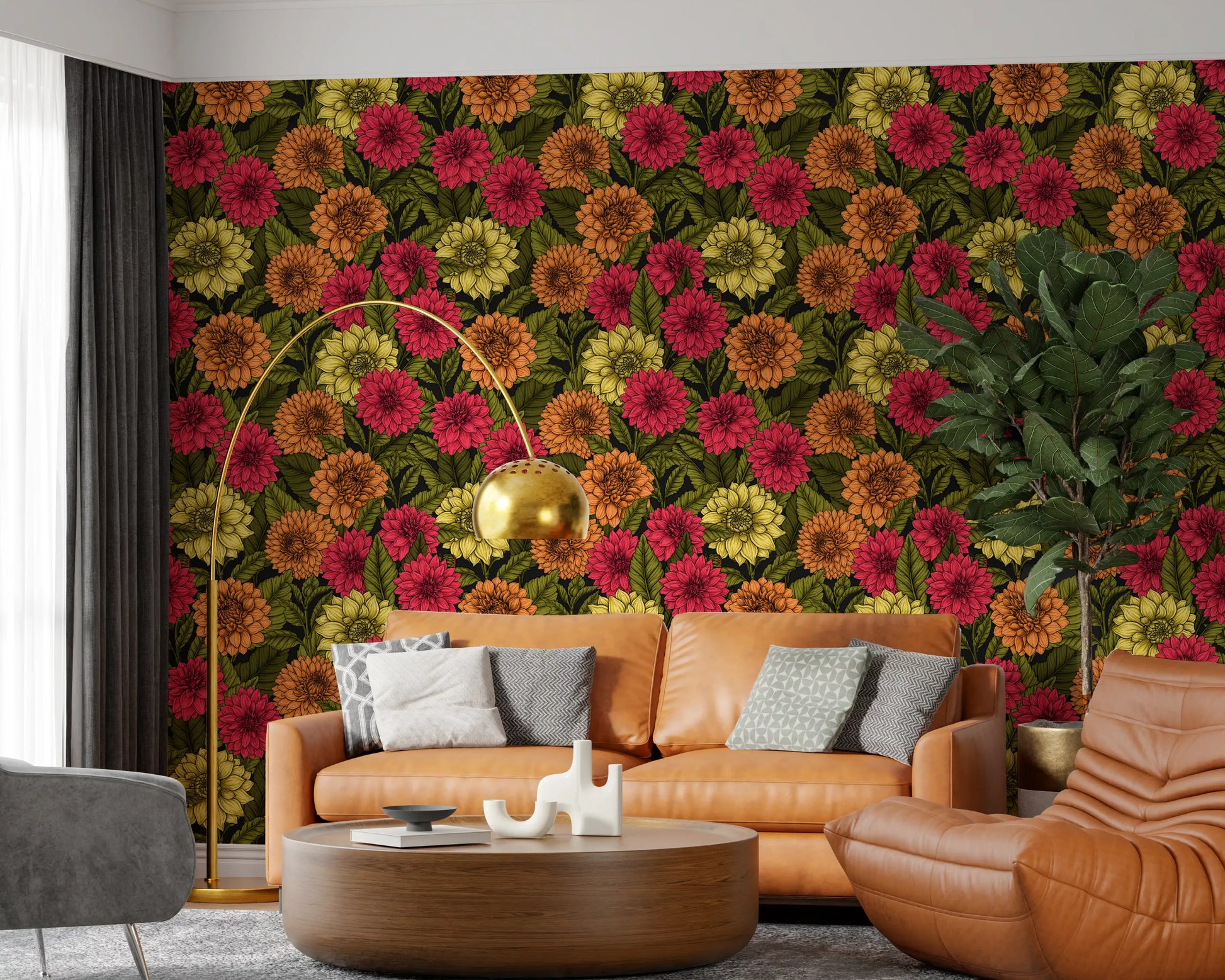 Pink dahlia wallpaper with detailed green leaf illustrations for a living room., GD9814