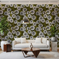 Vintage dahlia wallpaper with dark background and detailed botanical art.