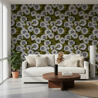 Detailed floral wallpaper for living area showing etched dahlia petals.