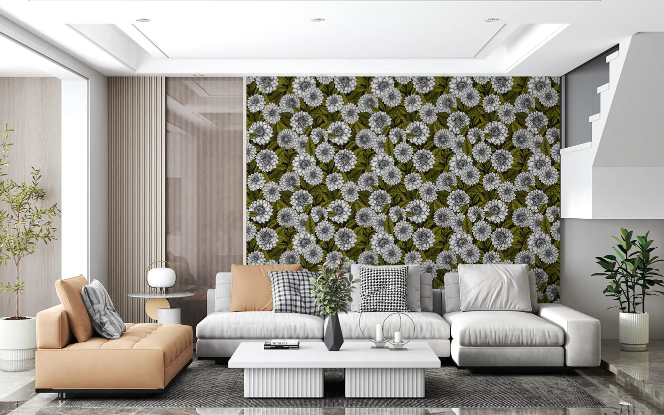 Grey floral garden wallpaper for living room featuring large white blooms.