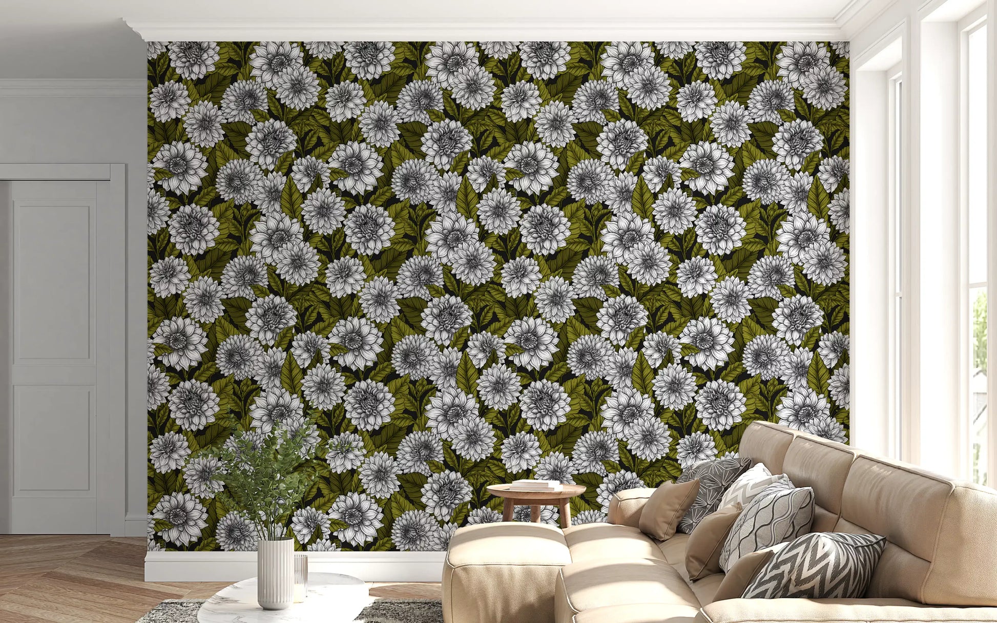 White Dahlia garden Wallpaper design for apartment lounge feature walls.