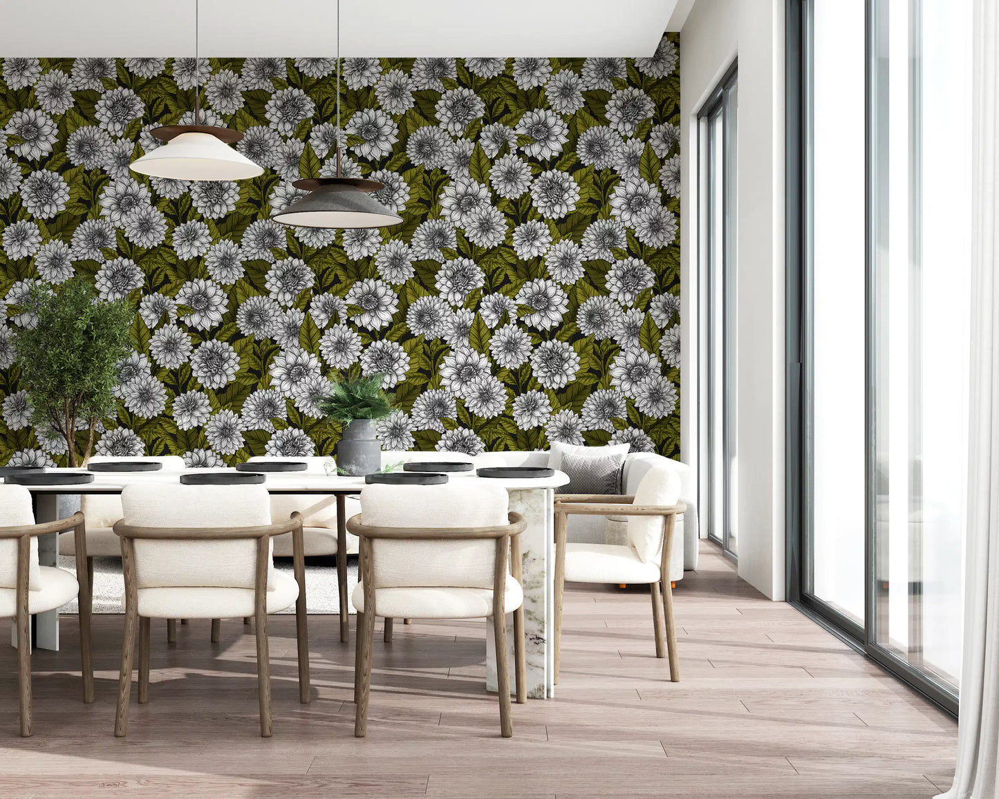 Hand-drawn dahlia wallpaper with mustard green leaves in dining room.