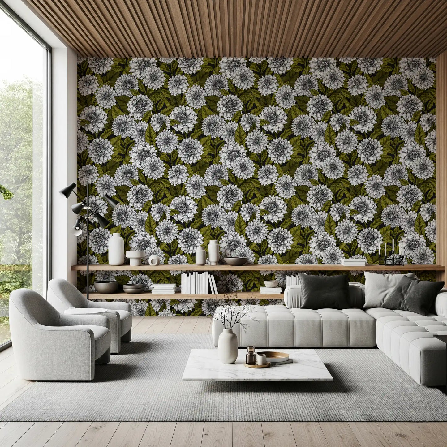 White Dahlia garden Wallpaper used for hallway feature walls with dark tones.