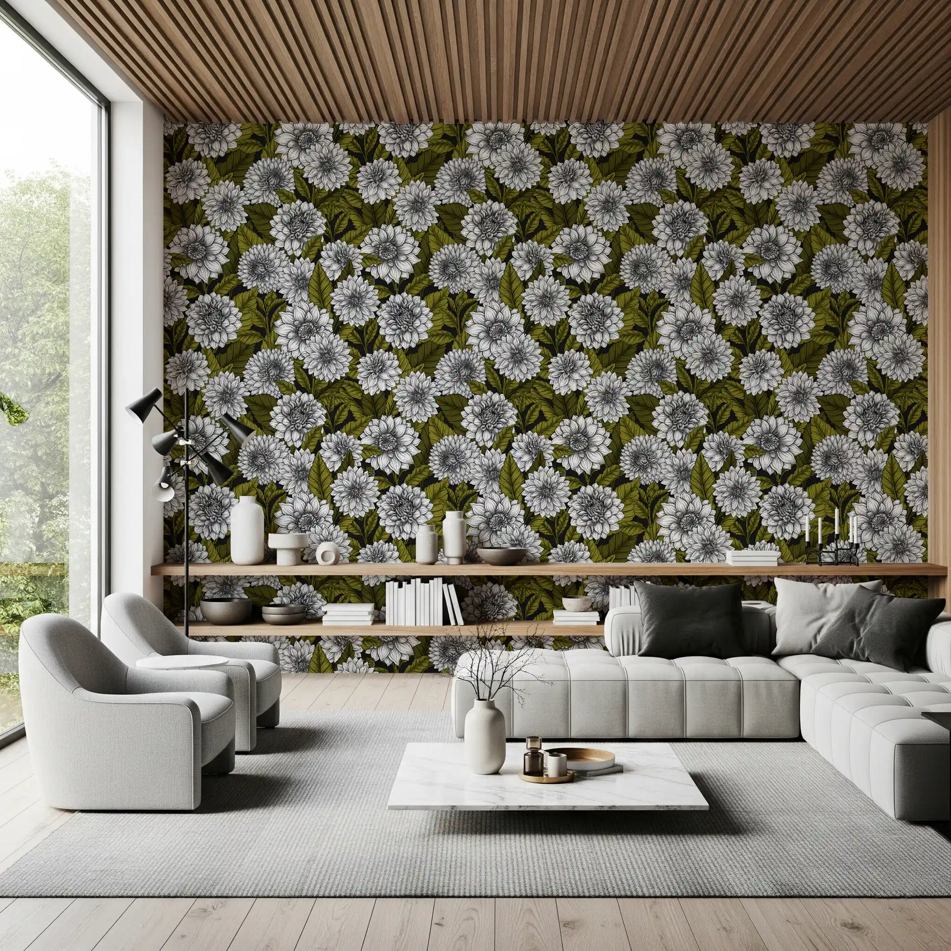 White Dahlia garden Wallpaper used for hallway feature walls with dark tones.