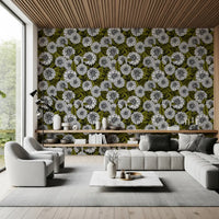 White Dahlia garden Wallpaper used for hallway feature walls with dark tones.