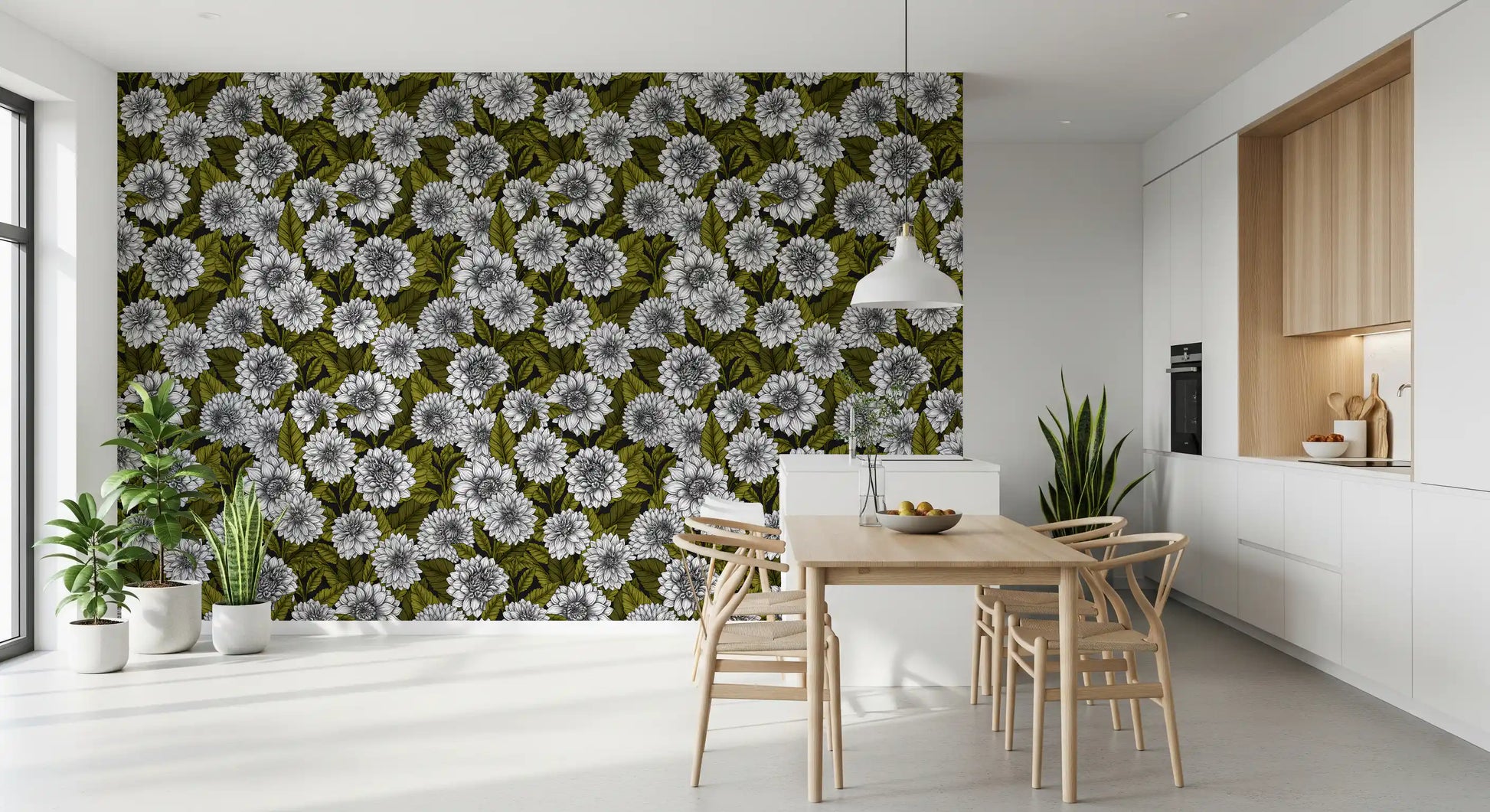 White Dahlia garden Wallpaper displaying large petals and green leaves.