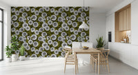 White Dahlia garden Wallpaper displaying large petals and green leaves.