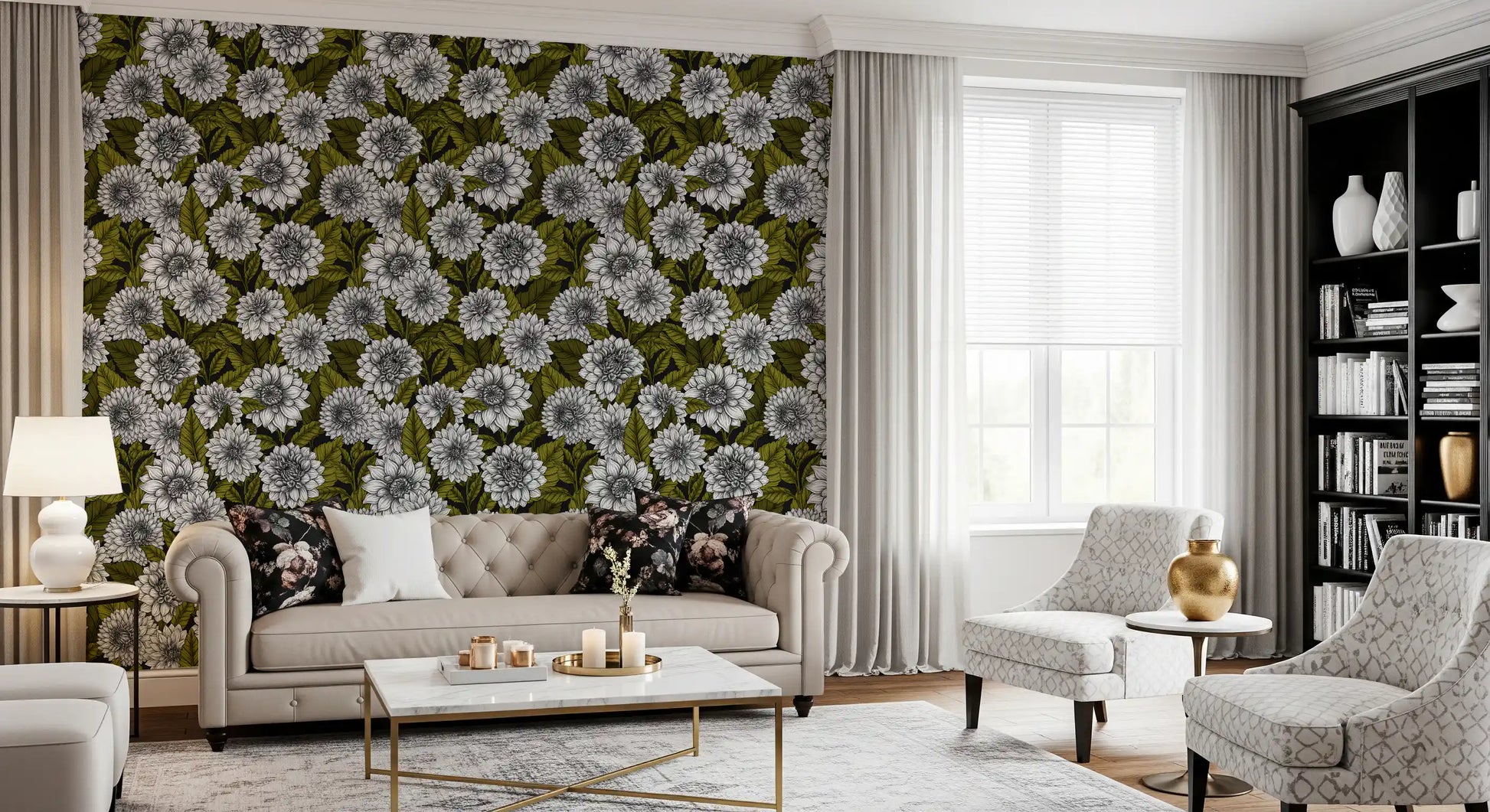Botanical dahlia garden wallpaper for living room walls with white flowers.