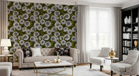 Botanical dahlia garden wallpaper for living room walls with white flowers.