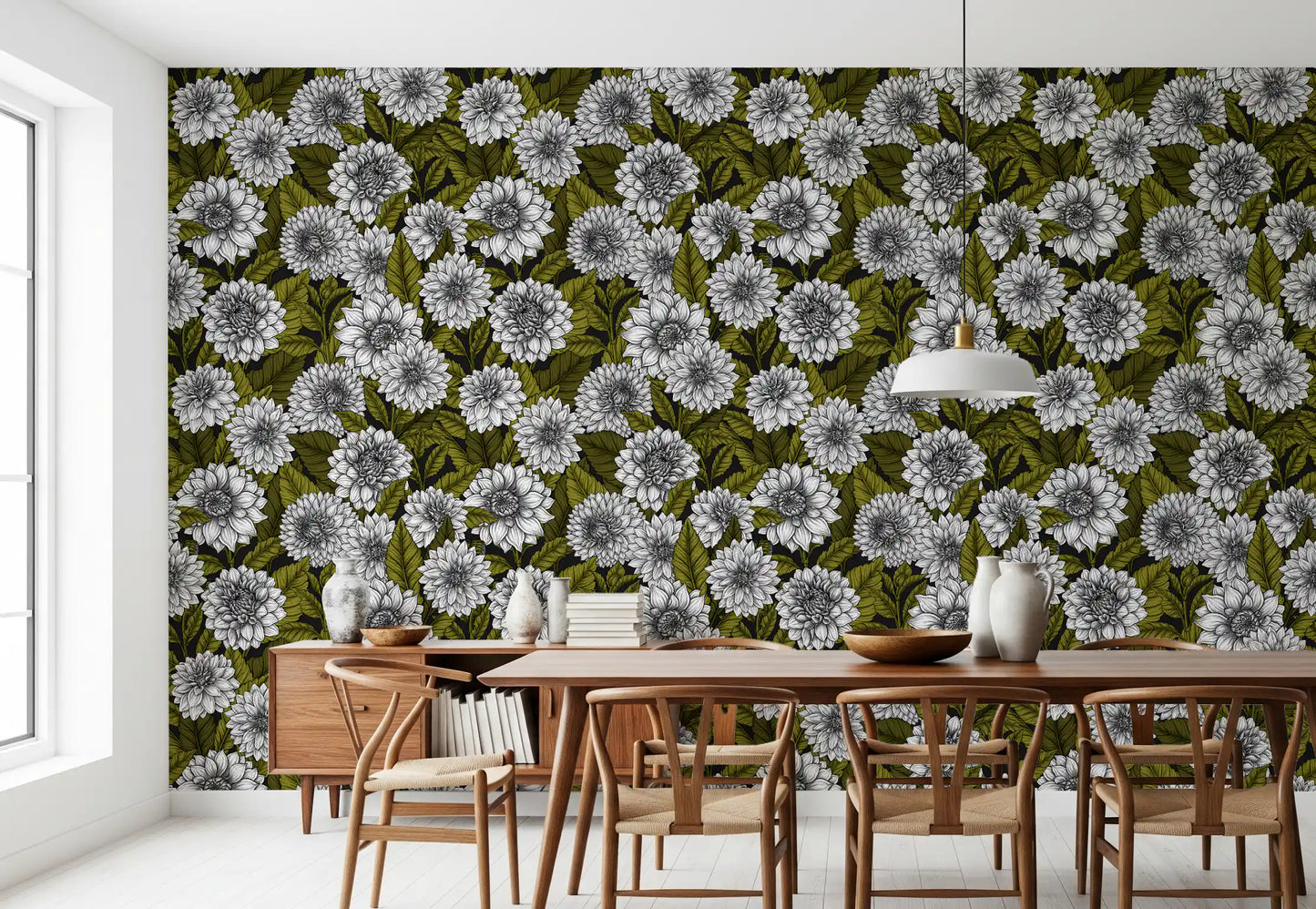 White Dahlia garden Wallpaper with olive leaves on black background.