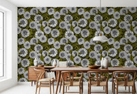 White Dahlia garden Wallpaper with olive leaves on black background.