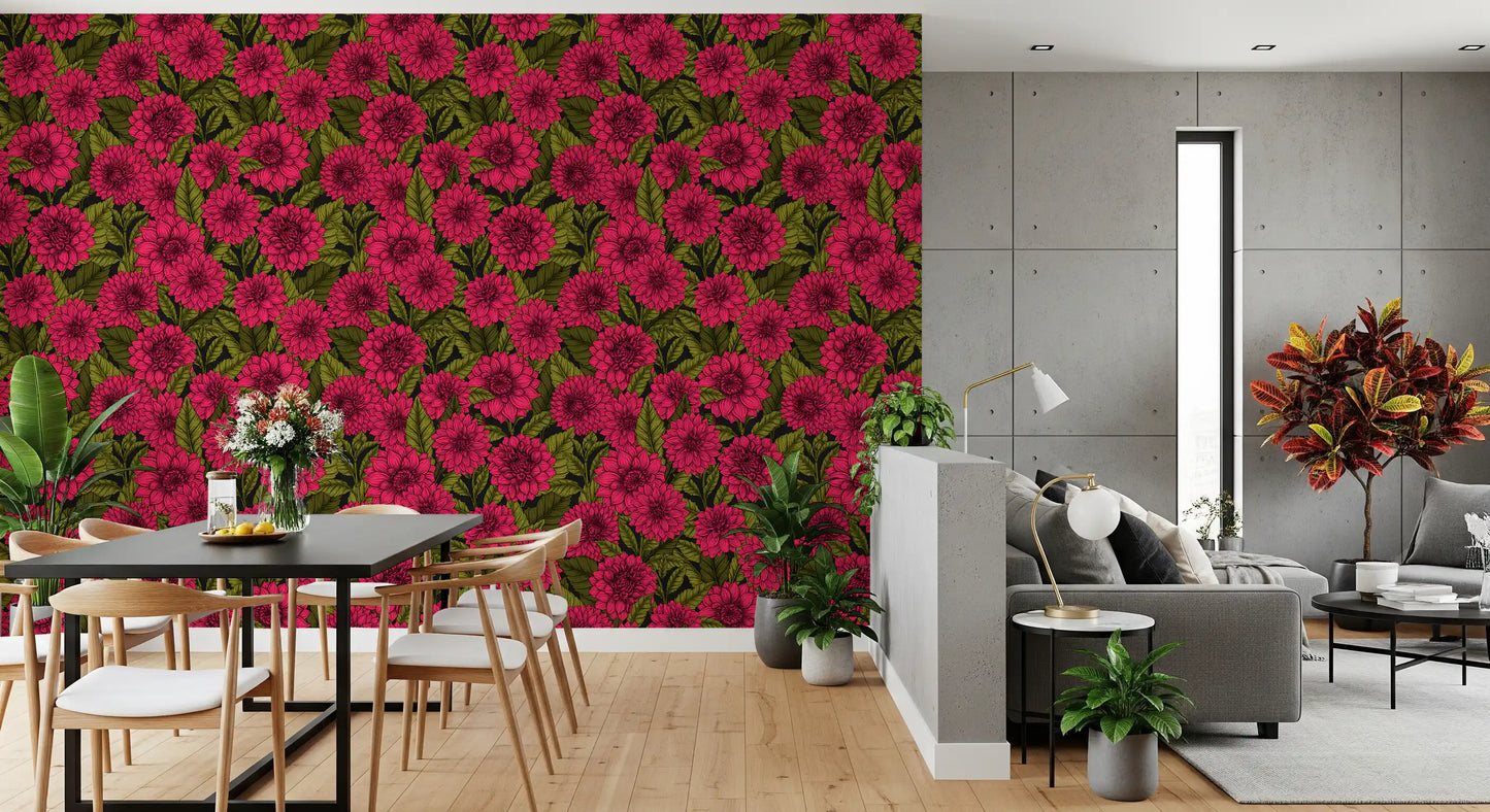 Pink flower wallpaper with dark garden background and leaf floral pattern.