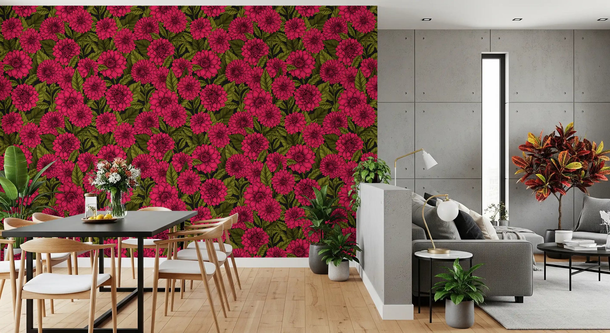 Pink flower wallpaper with dark garden background and leaf floral pattern.