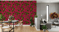 Pink flower wallpaper with dark garden background and leaf floral pattern.