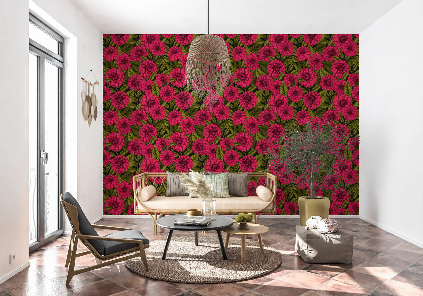 Dark dahlia wallpaper with illustrated garden flower plant graphics.
