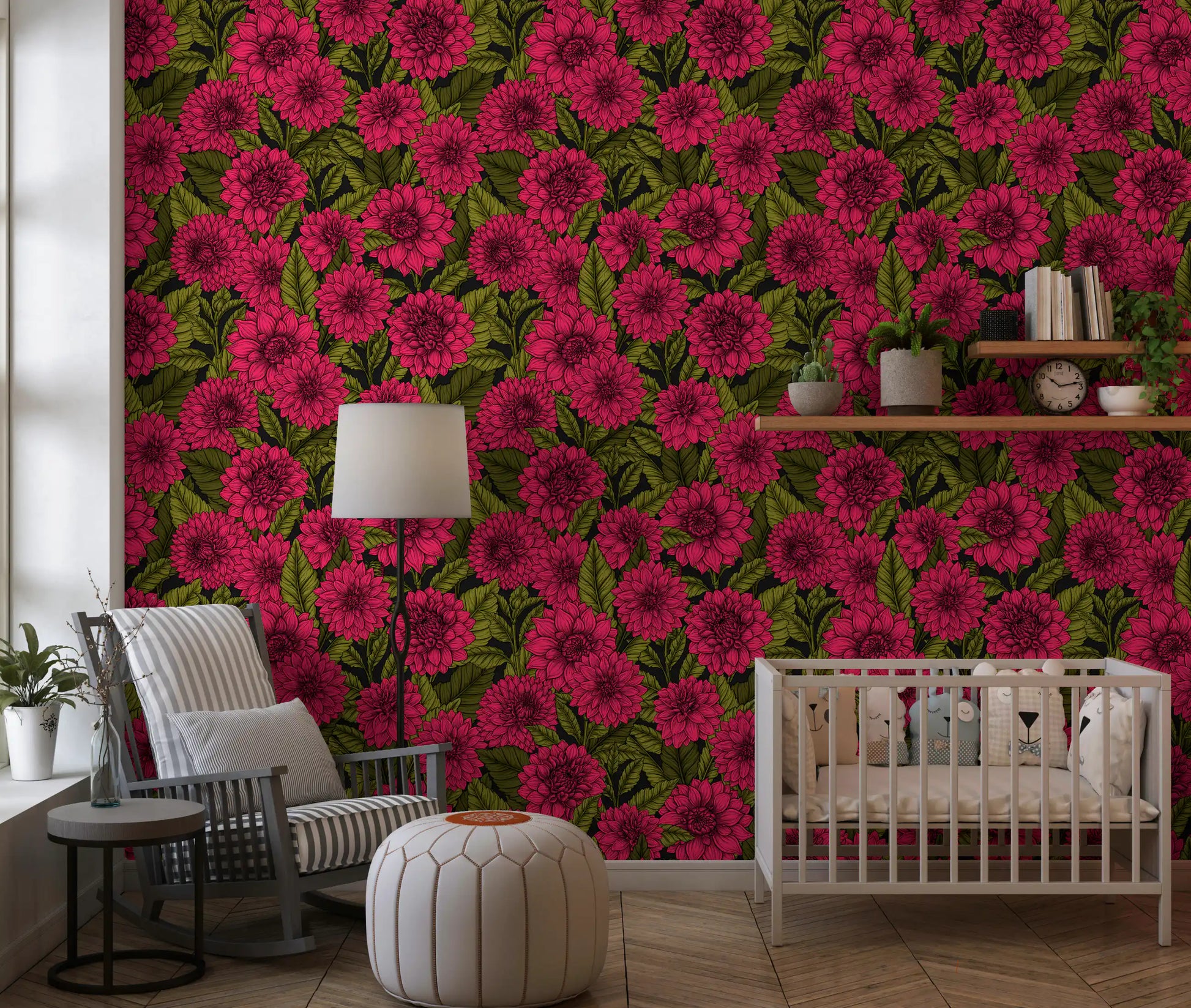 Dahlia garden Wallpaper for a modern nursery wall decorative design.