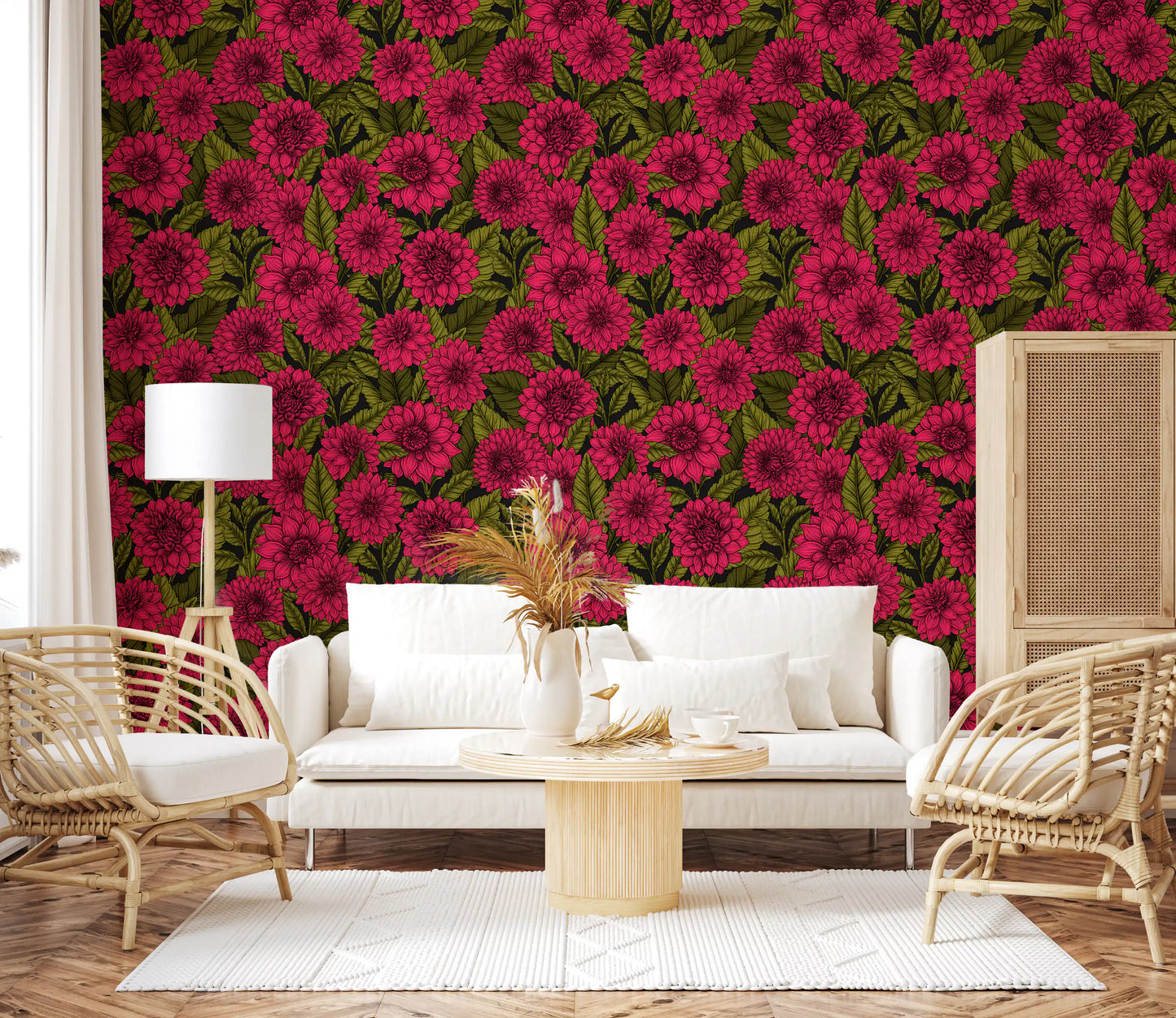 Magenta dahlia wallpaper with dark green foliage and leaf garden style.