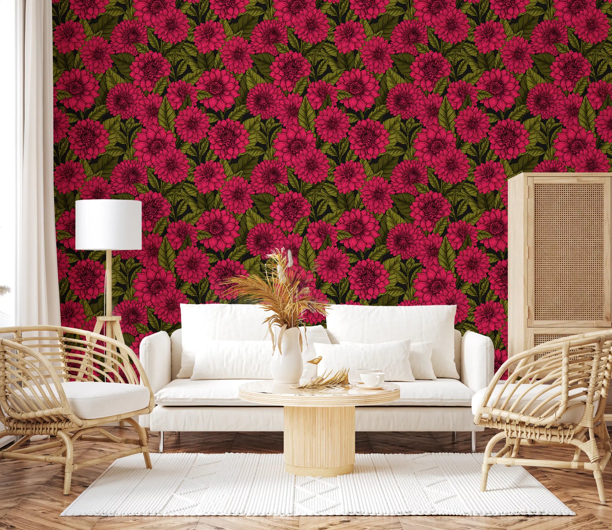 Magenta dahlia wallpaper with dark green foliage and leaf garden style.