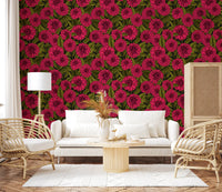 Magenta dahlia wallpaper with dark green foliage and leaf garden style.