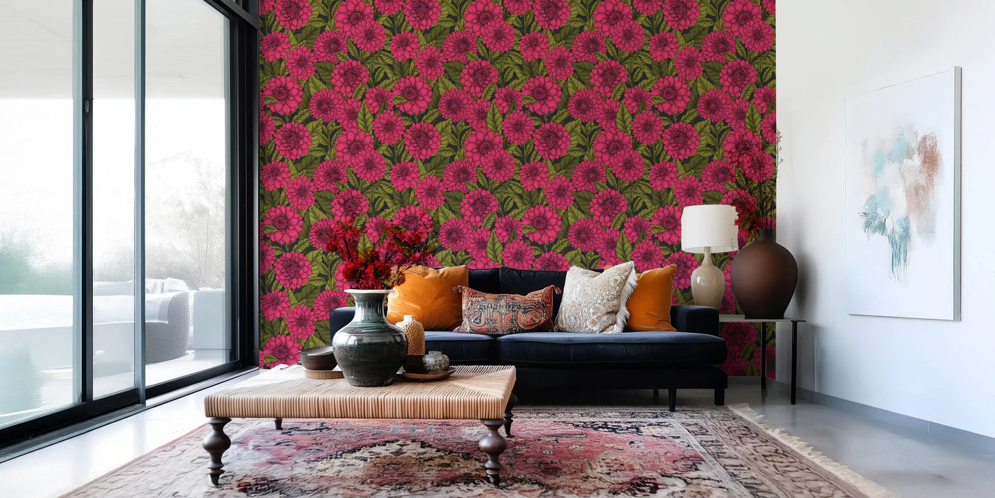 Magenta dahlia wallpaper for a living room wall focal point floral area.