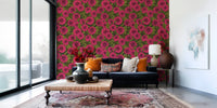 Magenta dahlia wallpaper for a living room wall focal point floral area.