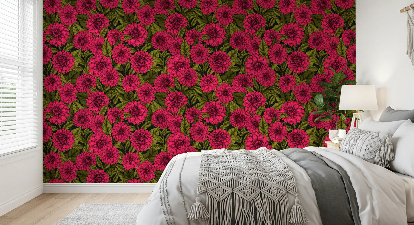 Botanical dahlia wallpaper for a bedroom area wall surface.