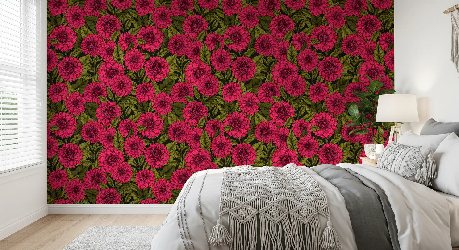 Botanical dahlia wallpaper for a bedroom area wall surface.