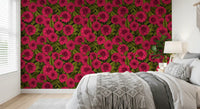 Botanical dahlia wallpaper for a bedroom area wall surface.