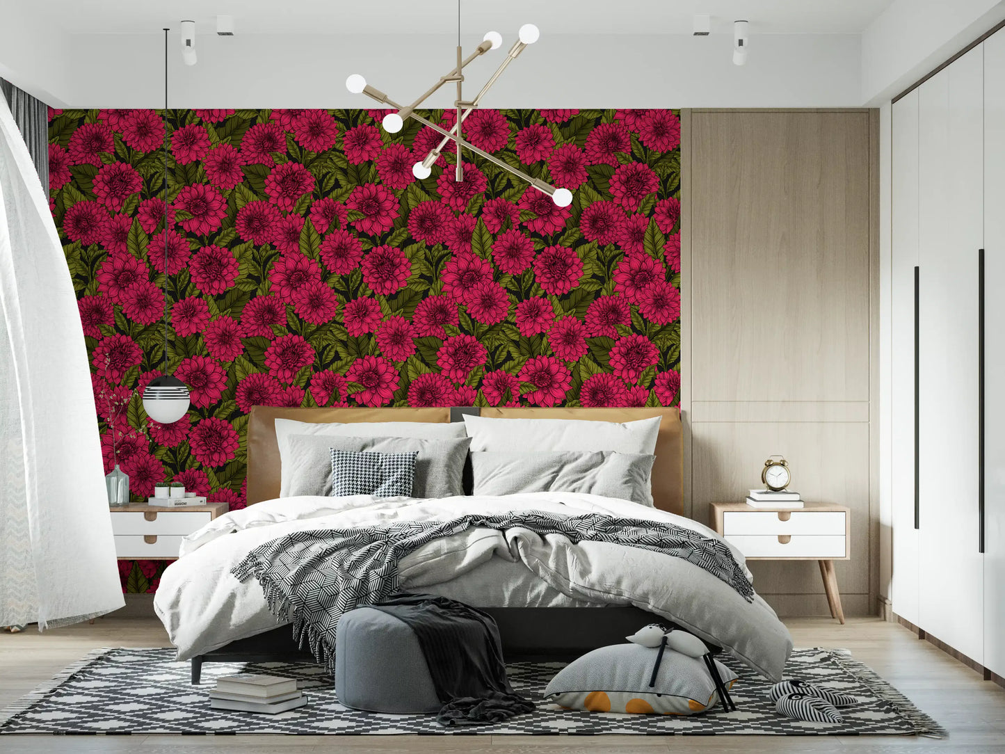 Detailed pink dahlia wallpaper and green leaf garden theme floral visual.