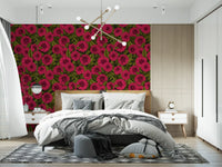 Detailed pink dahlia wallpaper and green leaf garden theme floral visual.