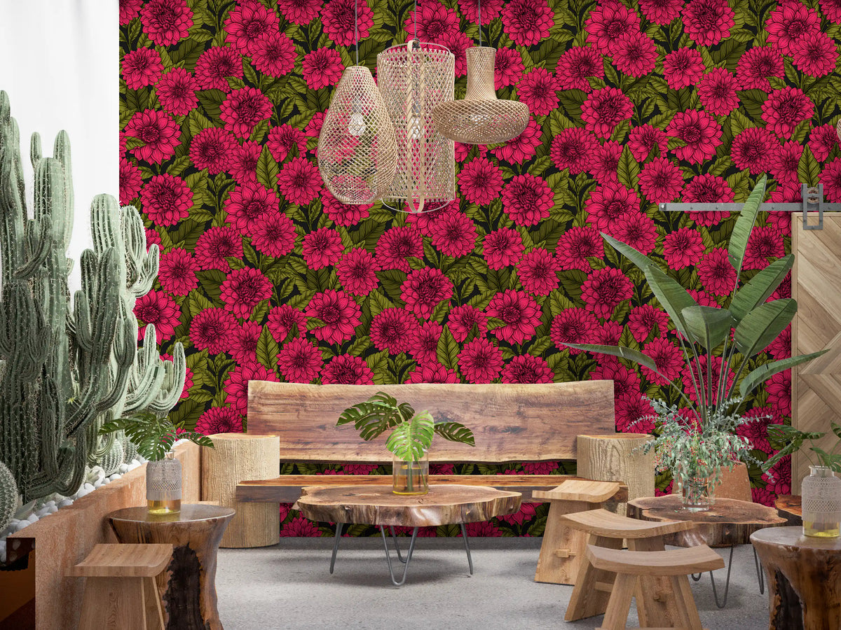 Pink Dahlia garden Wallpaper with vintage botanical floral flower art., GD9816