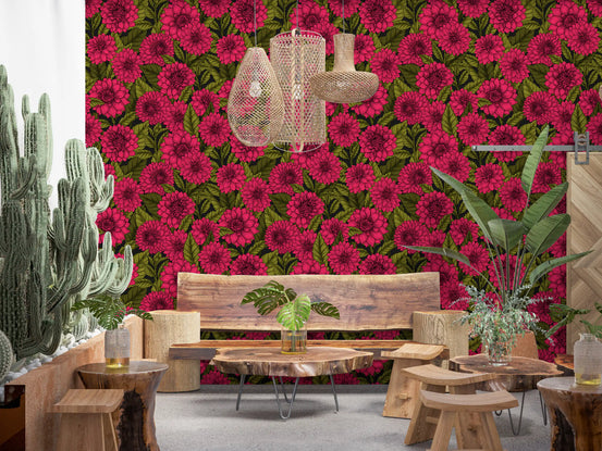 Pink Dahlia garden Wallpaper with vintage botanical floral flower art., GD9816