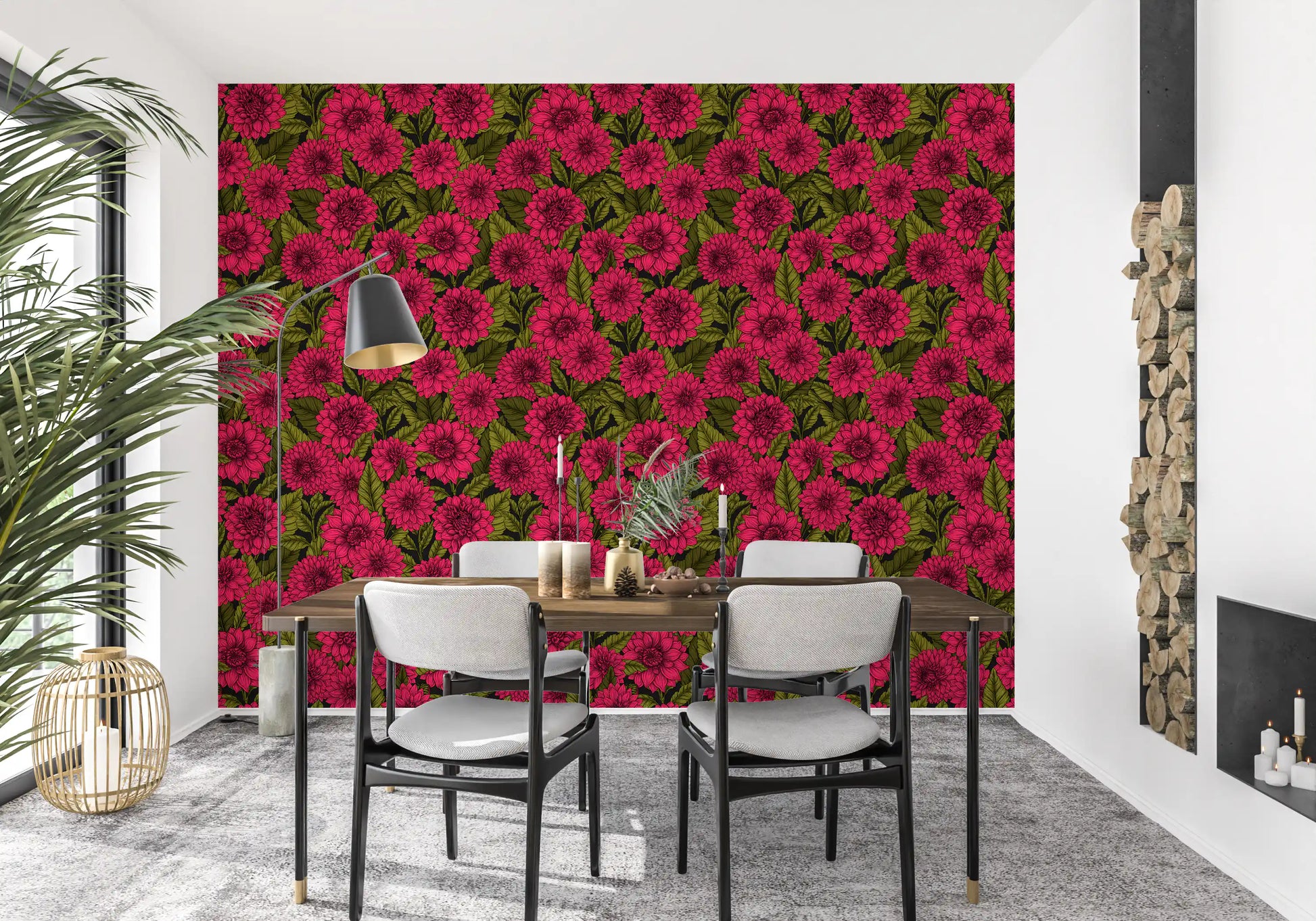 Dahlia garden Wallpaper illustration with pink blooming floral flower look.