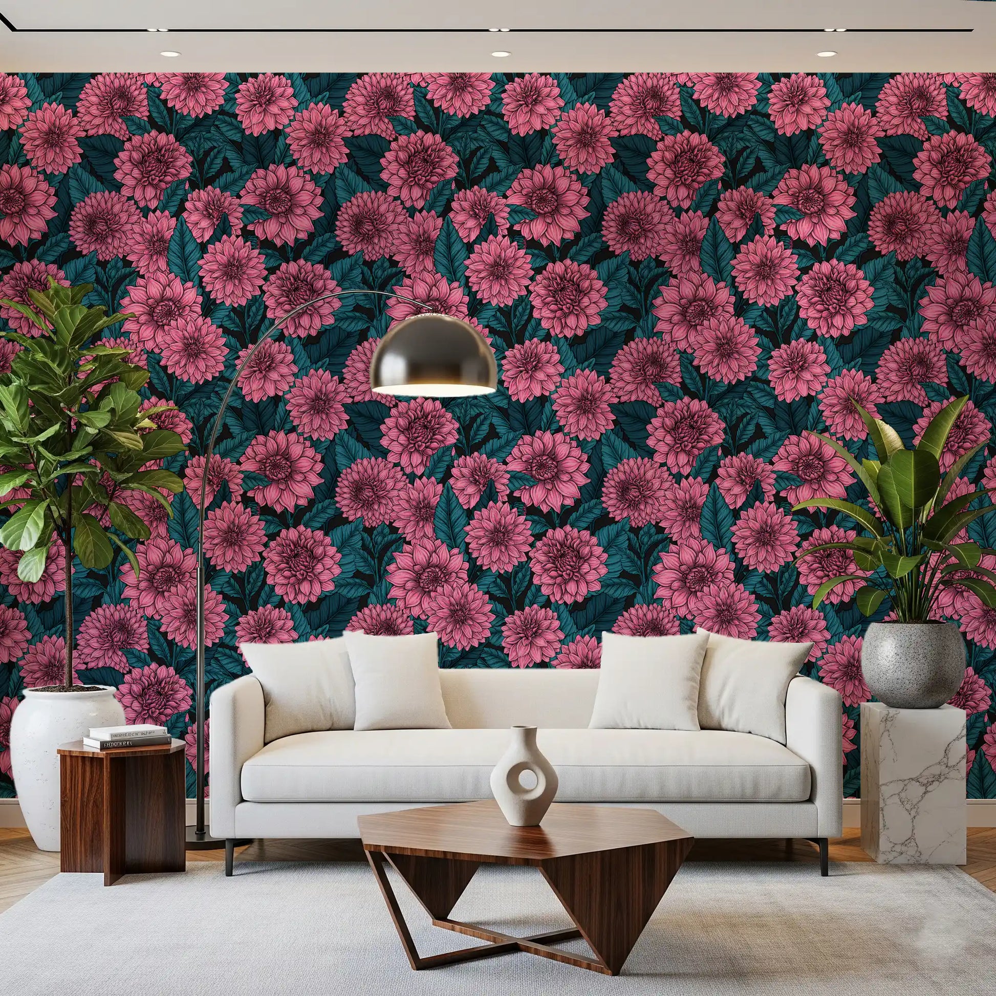 Detailed floral line art showing pink dahlia garden wallpaper.