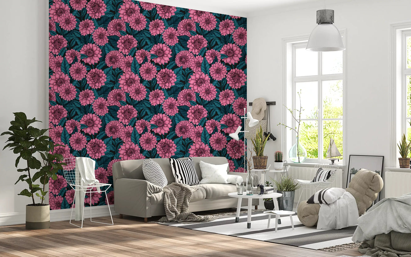 Large pink dahlia floral pattern wallpaper for a living room.