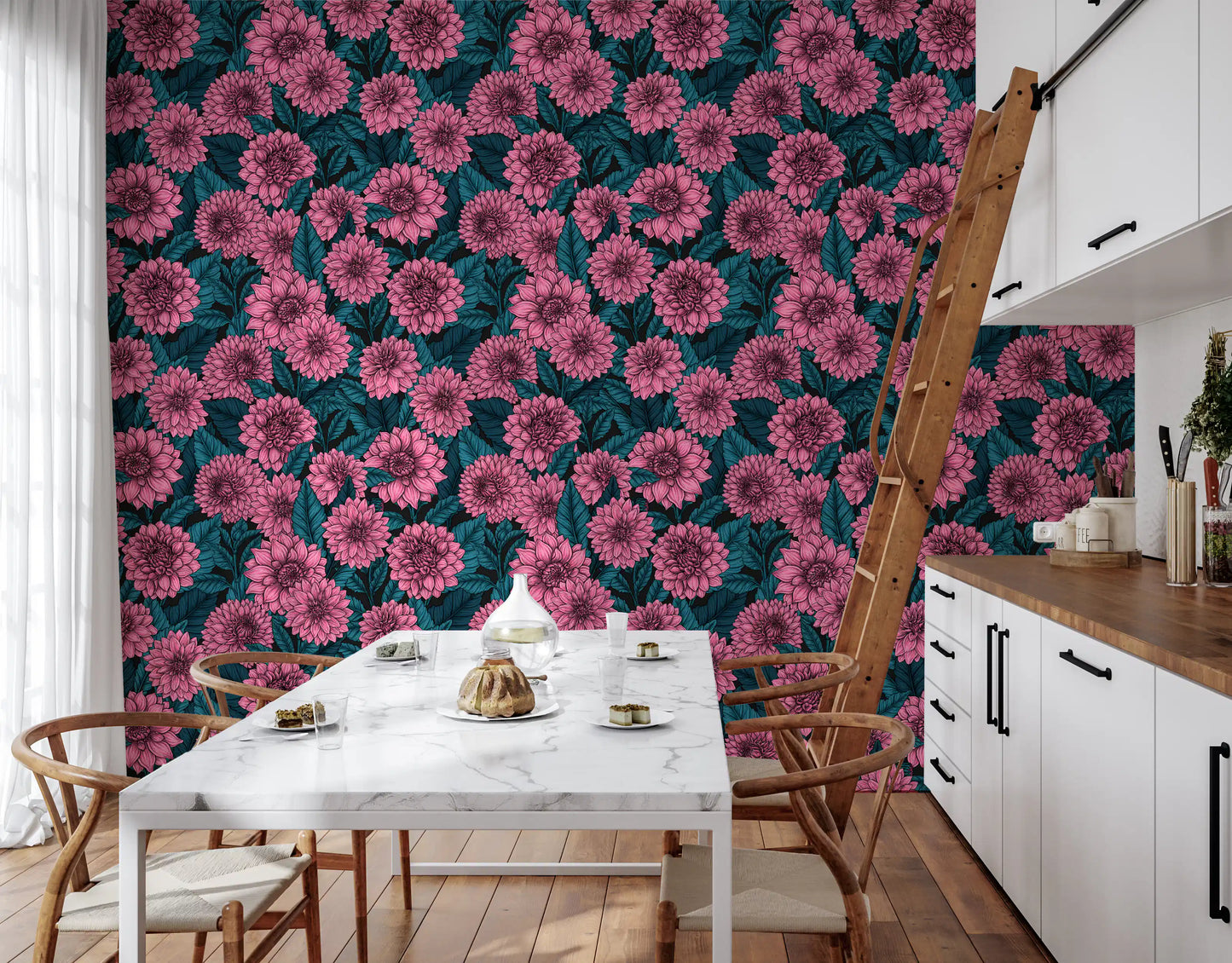 Teal blue leaves surrounding large pink dahlia blooms wallpaper for kitchen.