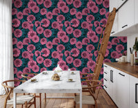 Teal blue leaves surrounding large pink dahlia blooms wallpaper for kitchen.